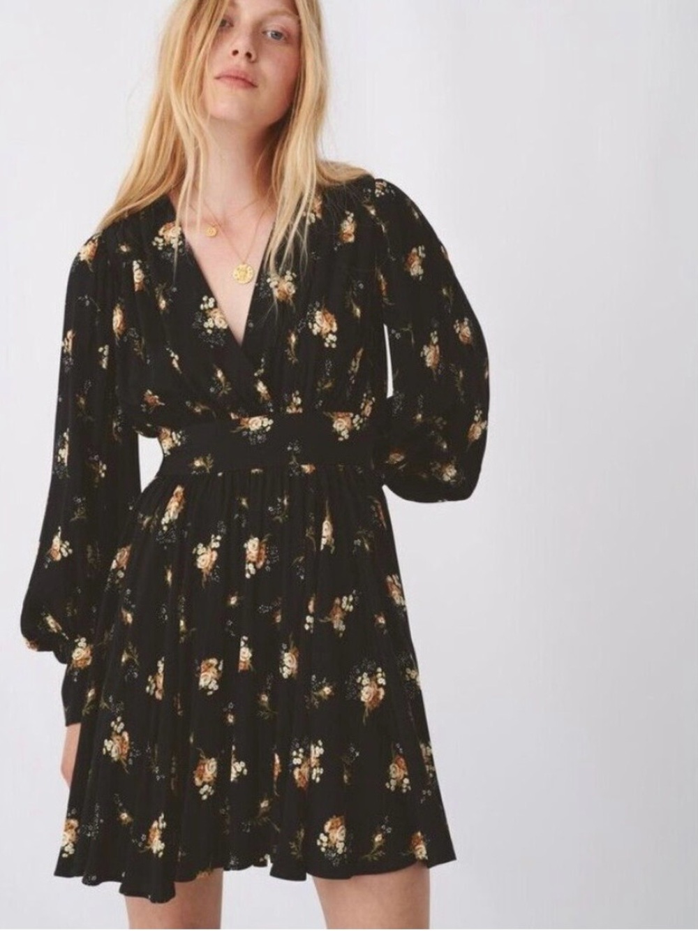 Maje Black Floral Long-Sleeve Mini Dress